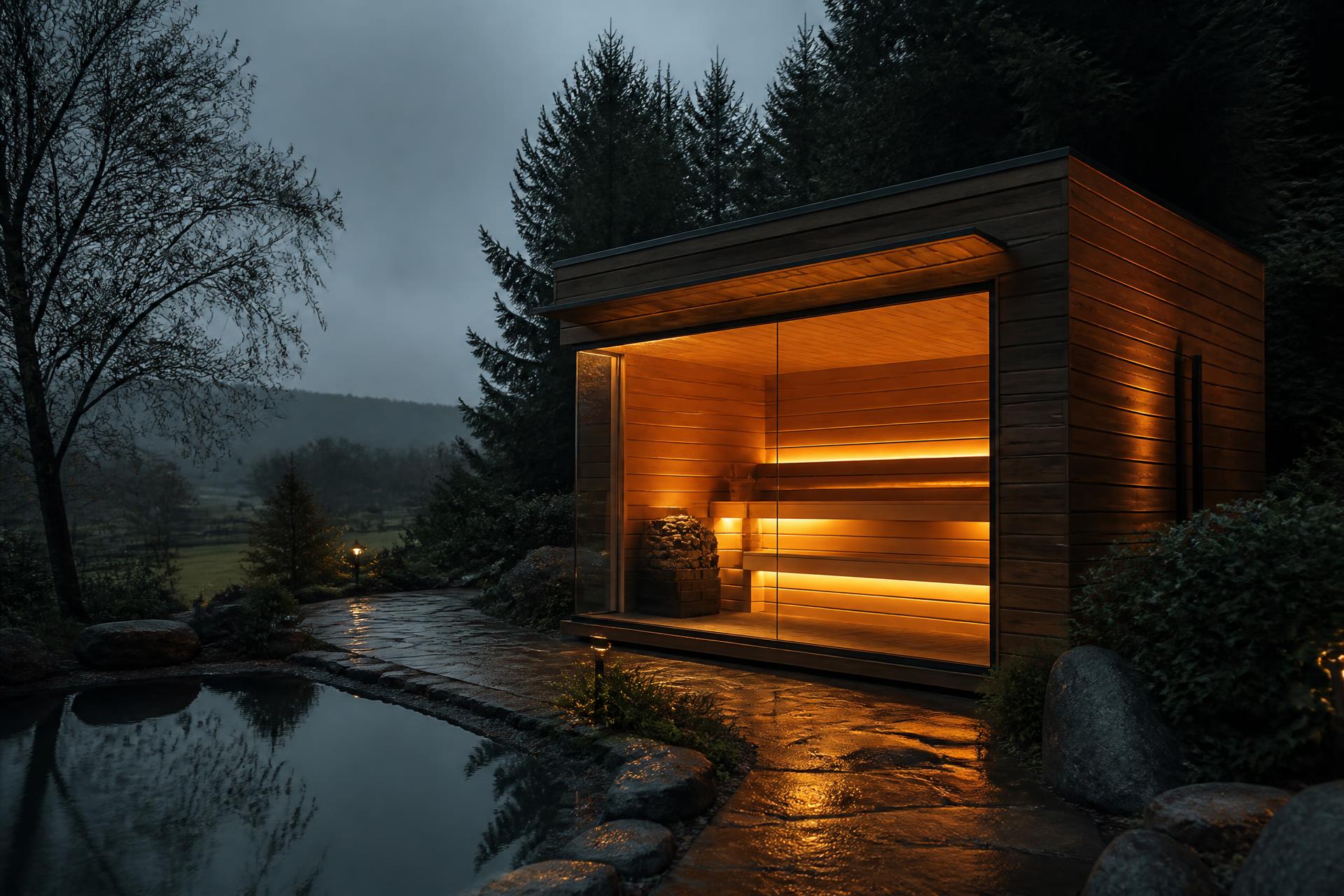 Illuminated luxury outdoor sauna at dusk in a British garden